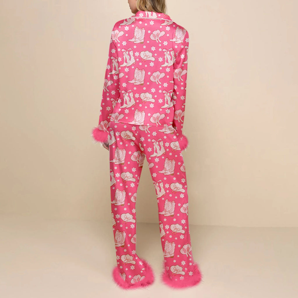 Fluffy Pink Christmas Pyjamas with Cowboy Boots Print 