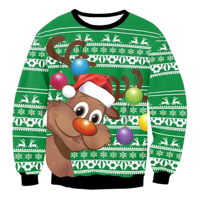 Smiling Reindeer Green Christmas Jumper