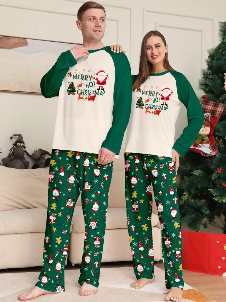 Family Christmas pyjama set with green Santa print