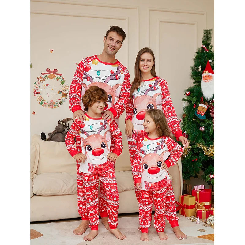 Family Christmas pyjamas with cheerful Rudolf design
