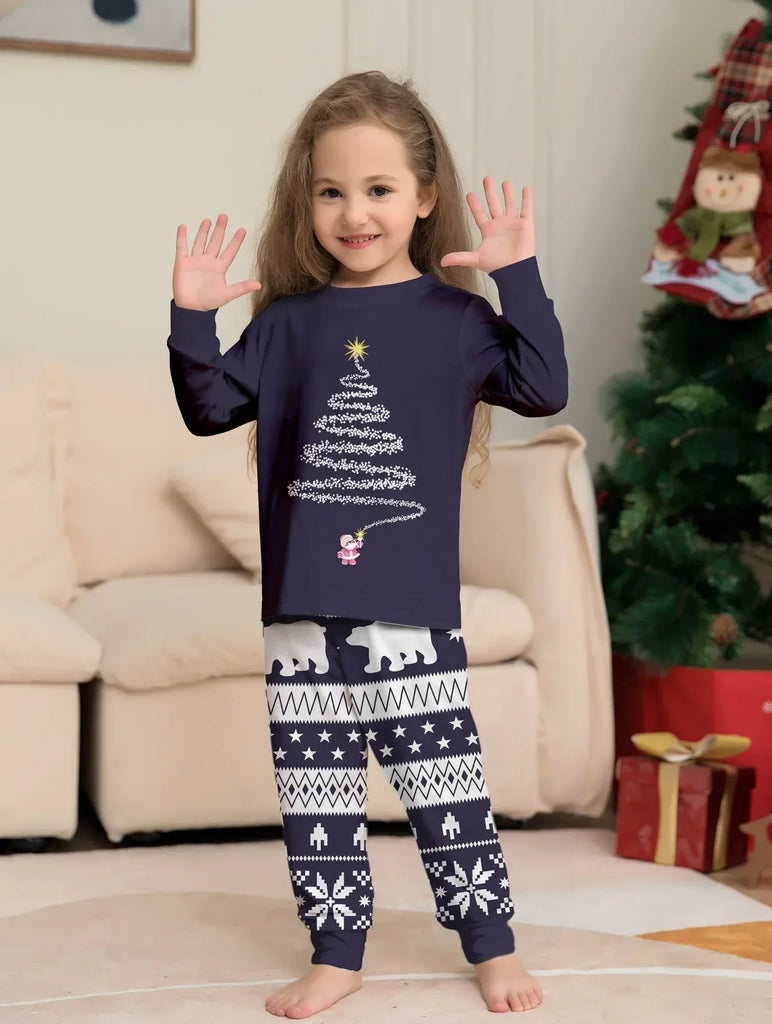 Family pyjama set with navy Christmas tree motif