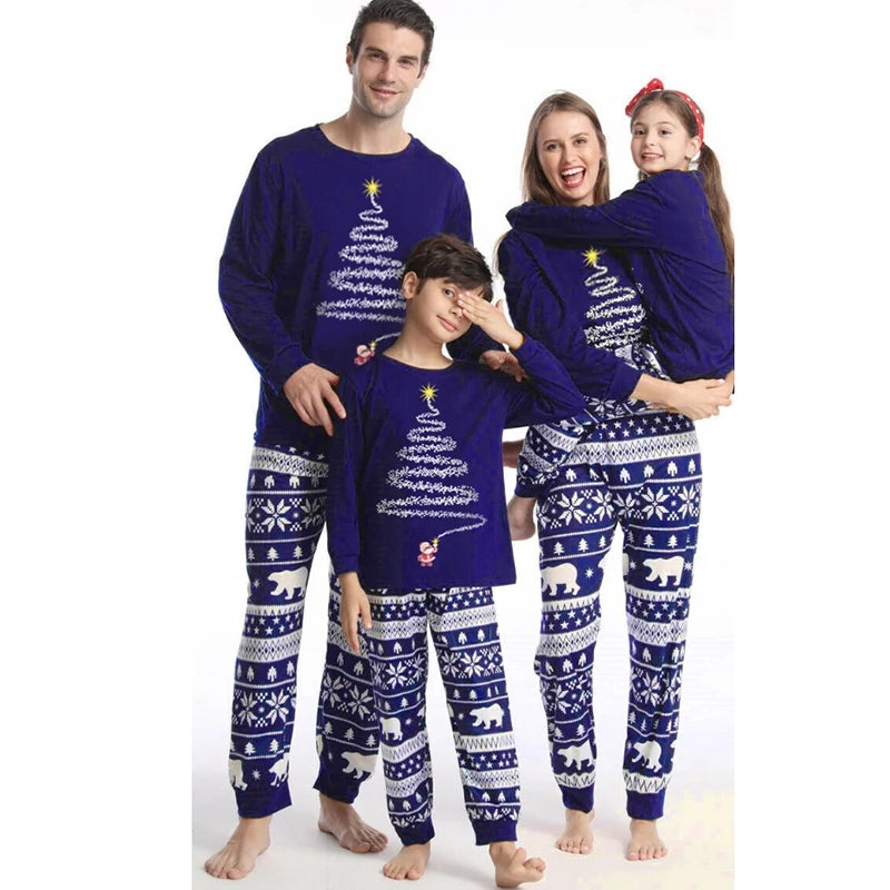 Festive Tree Blue Matching Family Christmas Pyjamas