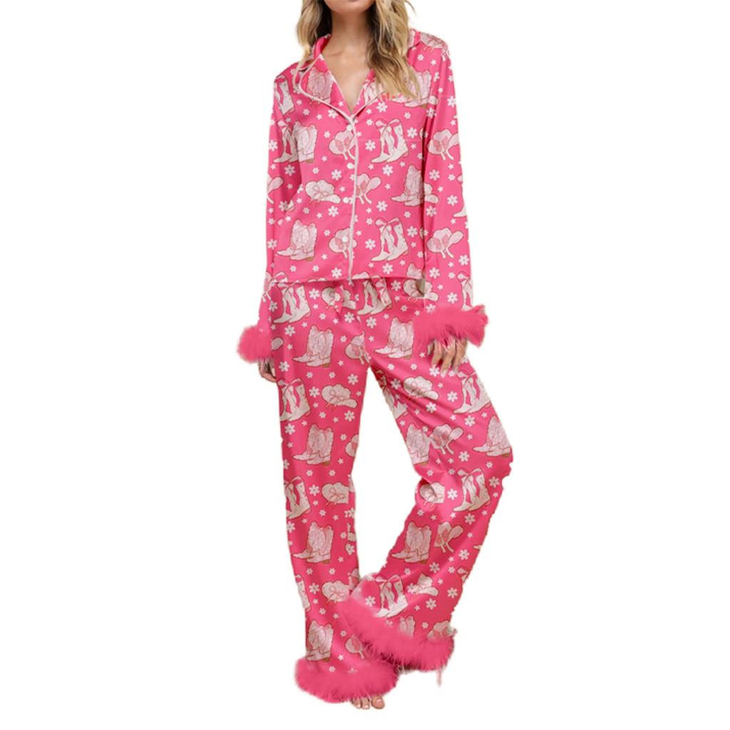 Womens Pink Xmas PJs Boots Print 