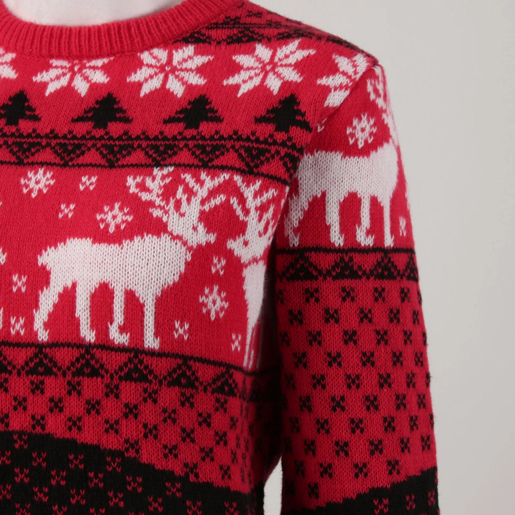 Women’s Christmas sweater featuring reindeer in a red and black knit pattern