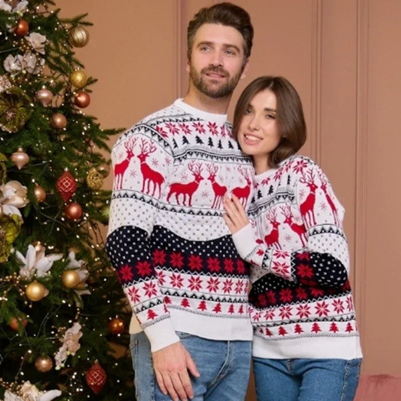 Festive white, red and black jumper for men with a matching reindeer design