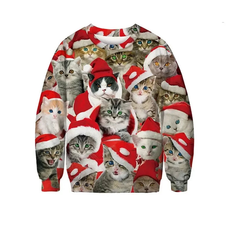 Funny Cat Print Red Christmas Jumper